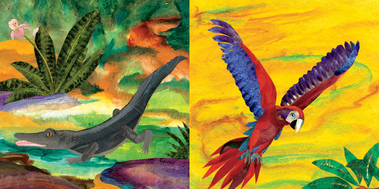 Interior spread of Jungle Rumble showing illustrated crocodile in jungle and colorful macaw in flight