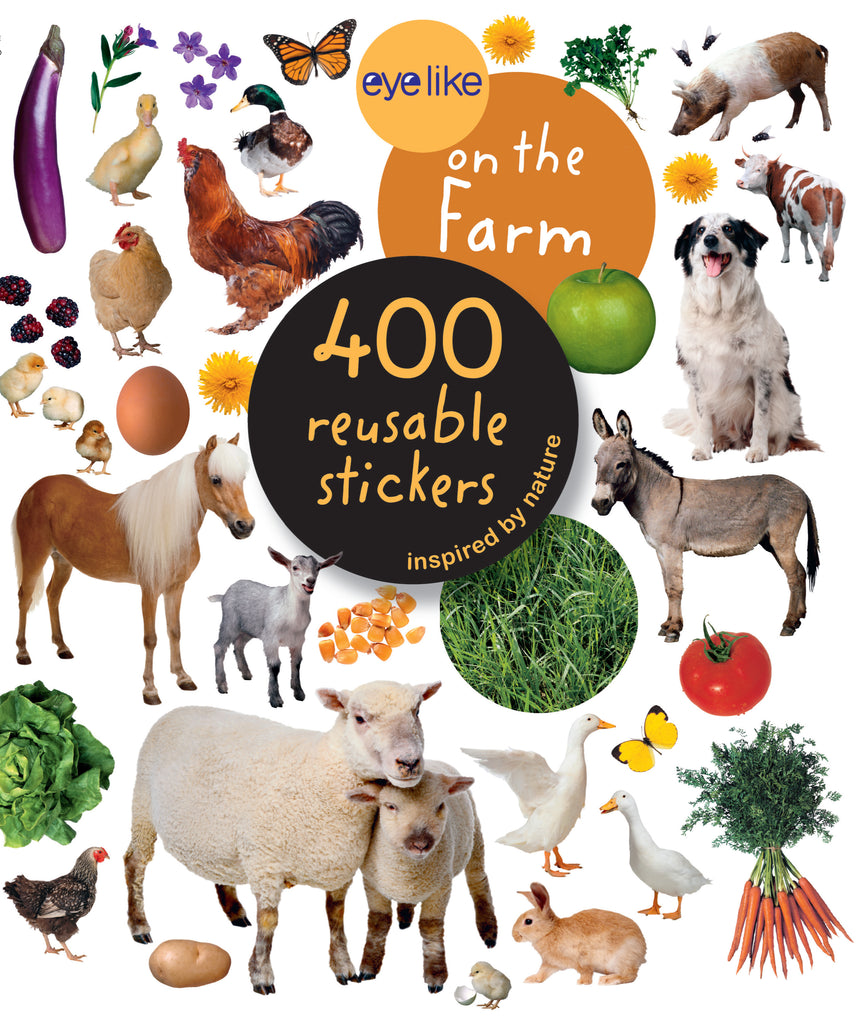 Eyelike Stickers On the Farm book cover featuring 400 reusable farm animal and vegetable stickers