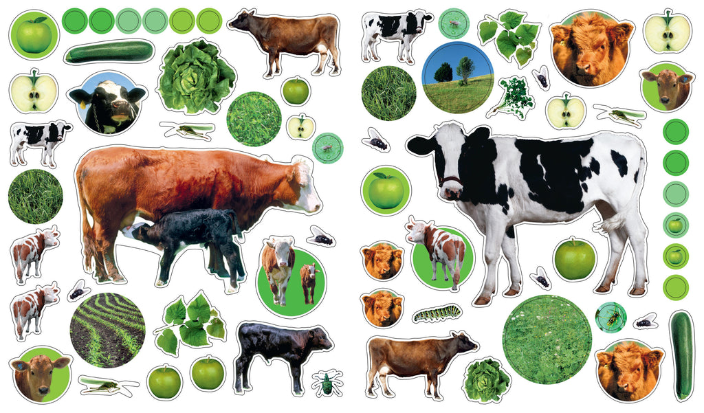 Eyelike Stickers On the Farm sheet featuring cows, calves, apples, grass, and insects in green tones