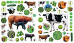 Eyelike Stickers On the Farm sheet featuring cows, calves, apples, grass, and insects in green tones