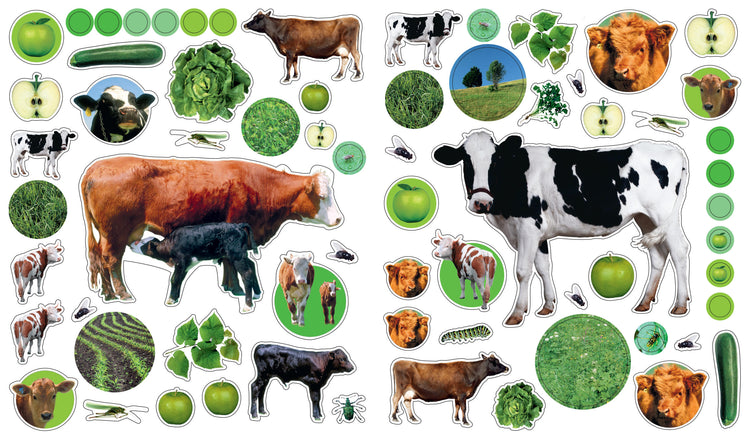 Eyelike Stickers On the Farm sheet featuring cows, calves, apples, grass, and insects in green tones