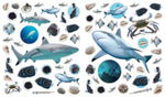 Eyelike Ocean sticker sheet featuring realistic sharks, crabs, fish, shells, and sea urchins