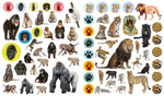 Eyelike Wild Animals sticker sheet featuring primates, big cats, paw prints, and animal fur pattern stickers.
