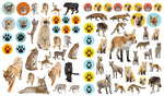 Eyelike Wild Animals sticker sheet featuring tigers, foxes, wolves, hyenas, and paw print stickers
