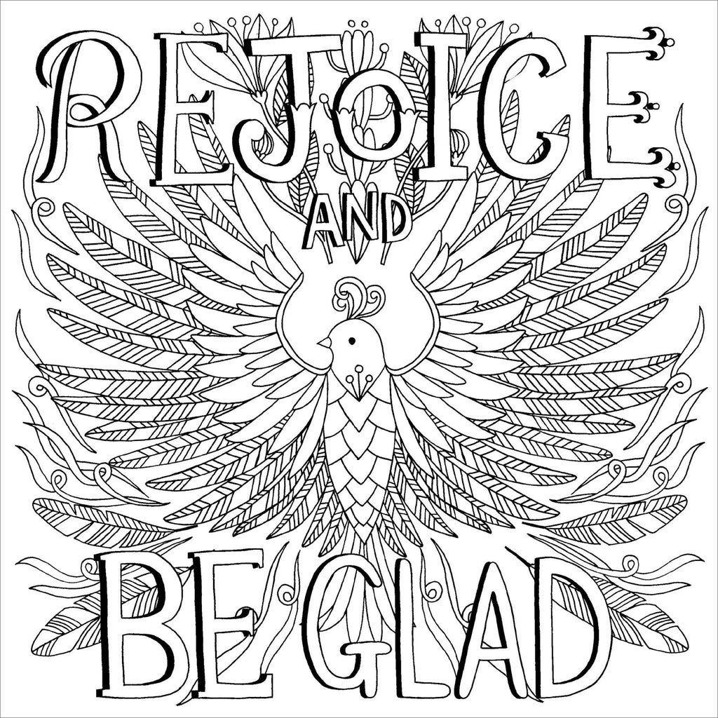 Color Me Blessed coloring book interior page featuring decorative bird with wings and text rejoice and be glad