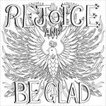 Color Me Blessed coloring book interior page featuring decorative bird with wings and text rejoice and be glad