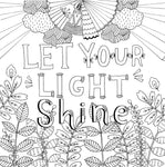 Interior page of Color Me Blessed coloring book featuring 'Let Your Light Shine' inspirational quote with floral designs