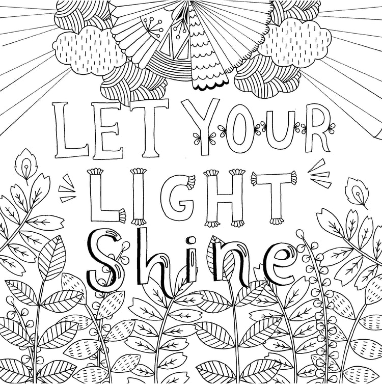 Interior page of Color Me Blessed coloring book featuring 'Let Your Light Shine' inspirational quote with floral designs