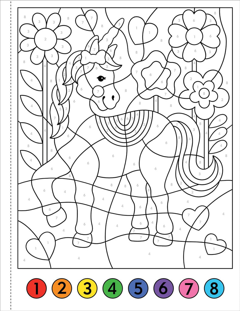 Color by number unicorn activity page with flowers, hearts, and numbered color guide.