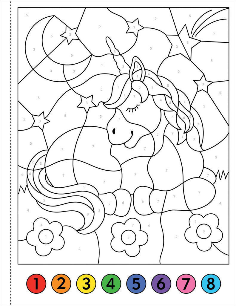 Color by number unicorn activity book page featuring a cute unicorn with stars, moon, and flowers.