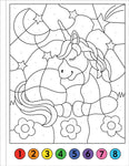 Color by number unicorn activity book page featuring a cute unicorn with stars, moon, and flowers.