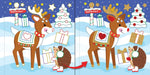 Spot the difference puzzle showing reindeer and hedgehog with Christmas gifts before and after foil stickers applied