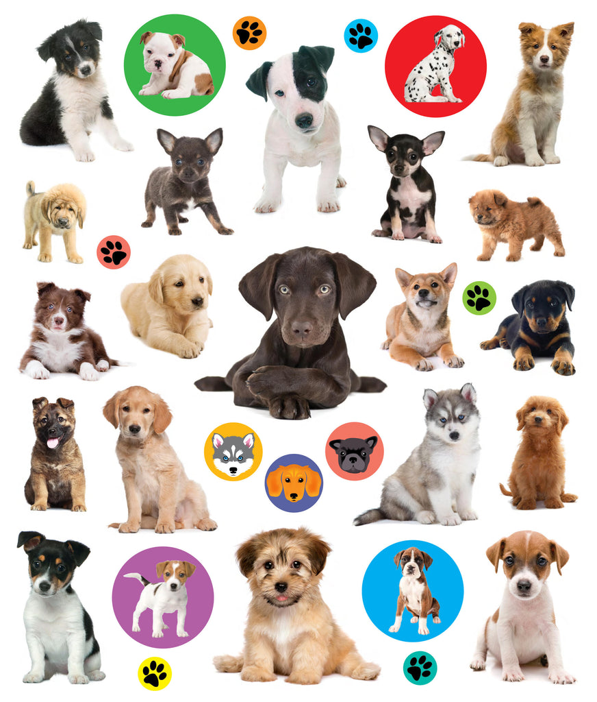Sheet of Eyelike Puppies stickers featuring various dog breeds, paw prints, and illustrated dog icons