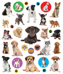 Sheet of Eyelike Puppies stickers featuring various dog breeds, paw prints, and illustrated dog icons