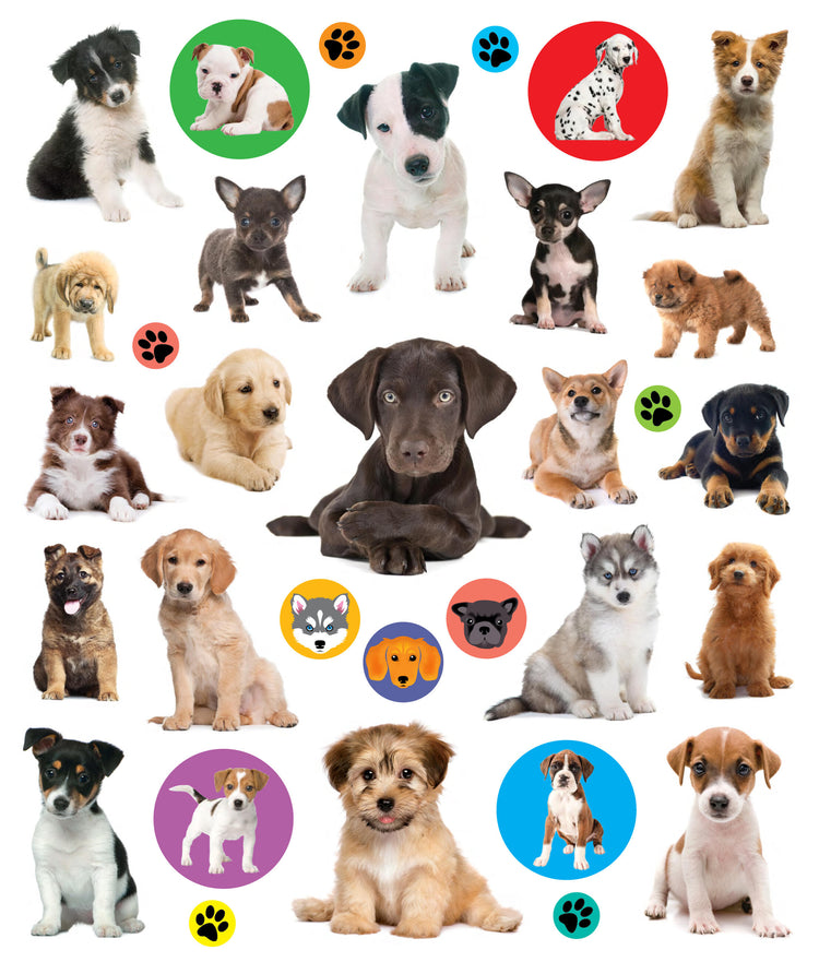 Sheet of Eyelike Puppies stickers featuring various dog breeds, paw prints, and illustrated dog icons
