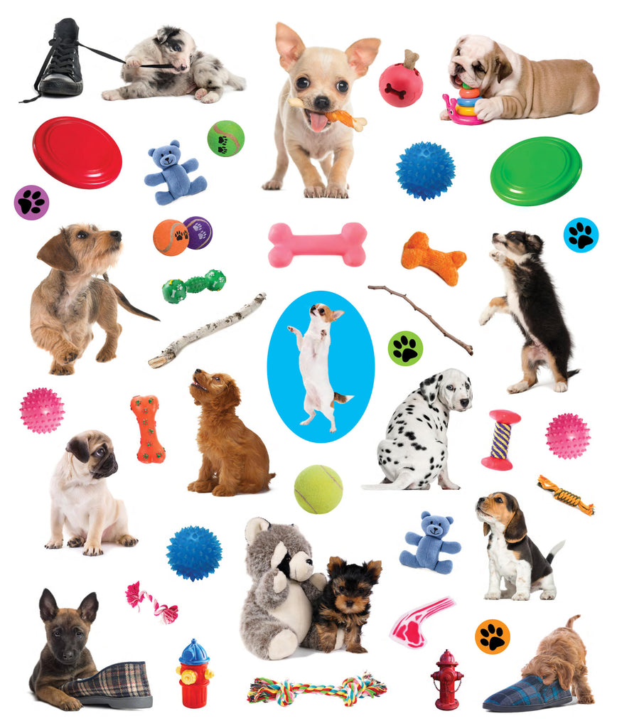Eyelike Puppies sticker sheet featuring various puppy breeds and colorful dog toys on white background