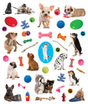 Eyelike Puppies sticker sheet featuring various puppy breeds and colorful dog toys on white background