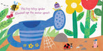 Interior spread of Indestructibles Itsy Bitsy Spider book showing colorful garden scene with spider on watering can