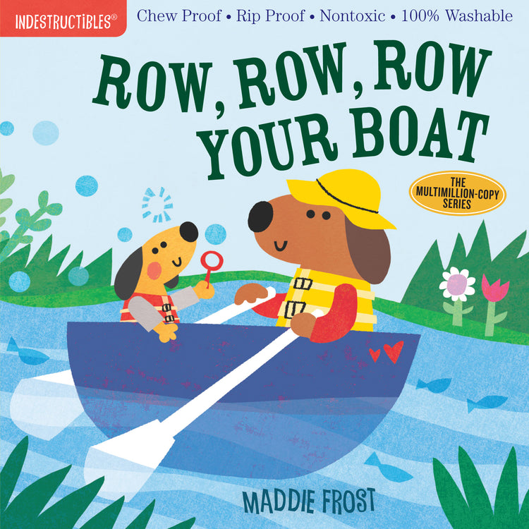 Indestructibles Row Row Row Your Boat baby book cover featuring cartoon dogs rowing a boat