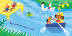 Interior spread of Row Row Row Your Boat book showing cartoon animals rowing on a colorful river.