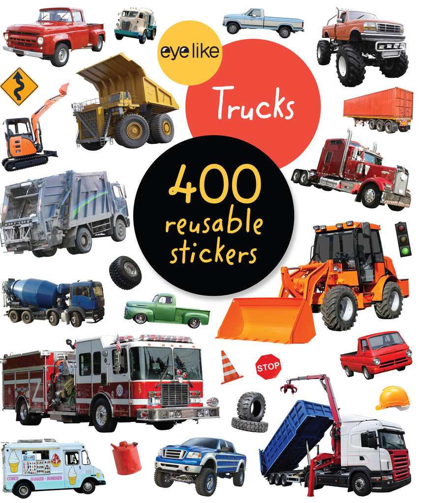 Eyelike Stickers Trucks book cover featuring 400 reusable stickers with various truck illustrations