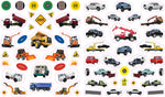 Eyelike Stickers Trucks sheet showing construction vehicles, pickup trucks, and road signs stickers
