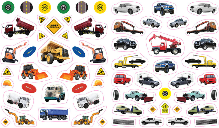 Eyelike Stickers Trucks sheet showing construction vehicles, pickup trucks, and road signs stickers