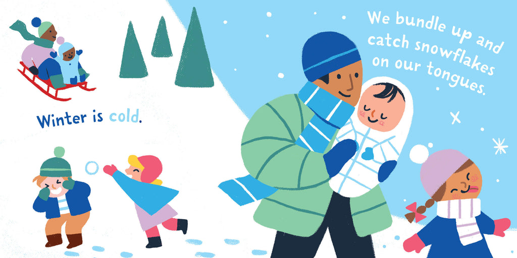 Interior spread of Indestructibles All Year Round book showing colorful winter scene illustrations with children playing i...