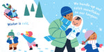 Interior spread of Indestructibles All Year Round book showing colorful winter scene illustrations with children playing i...