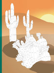 Interior page of Paint By Sticker Plants and Flowers book showing labeled cactus desert scene.