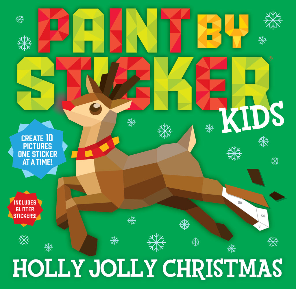 Paint By Sticker Kids Holly Jolly Christmas book cover featuring a geometric reindeer on green background