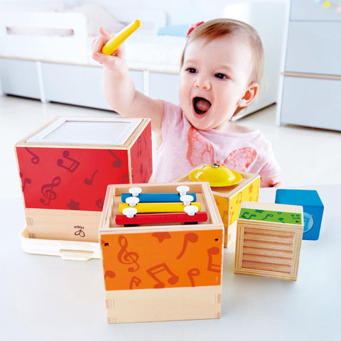 Hape stacking music set with xylophone, bell, drum and rhythm blocks for babies