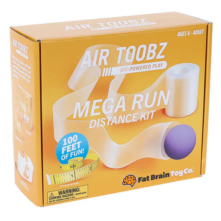 Air Toobz Mega Run Distance Kit box showing 100 feet of air-powered tube play for ages 6 and up