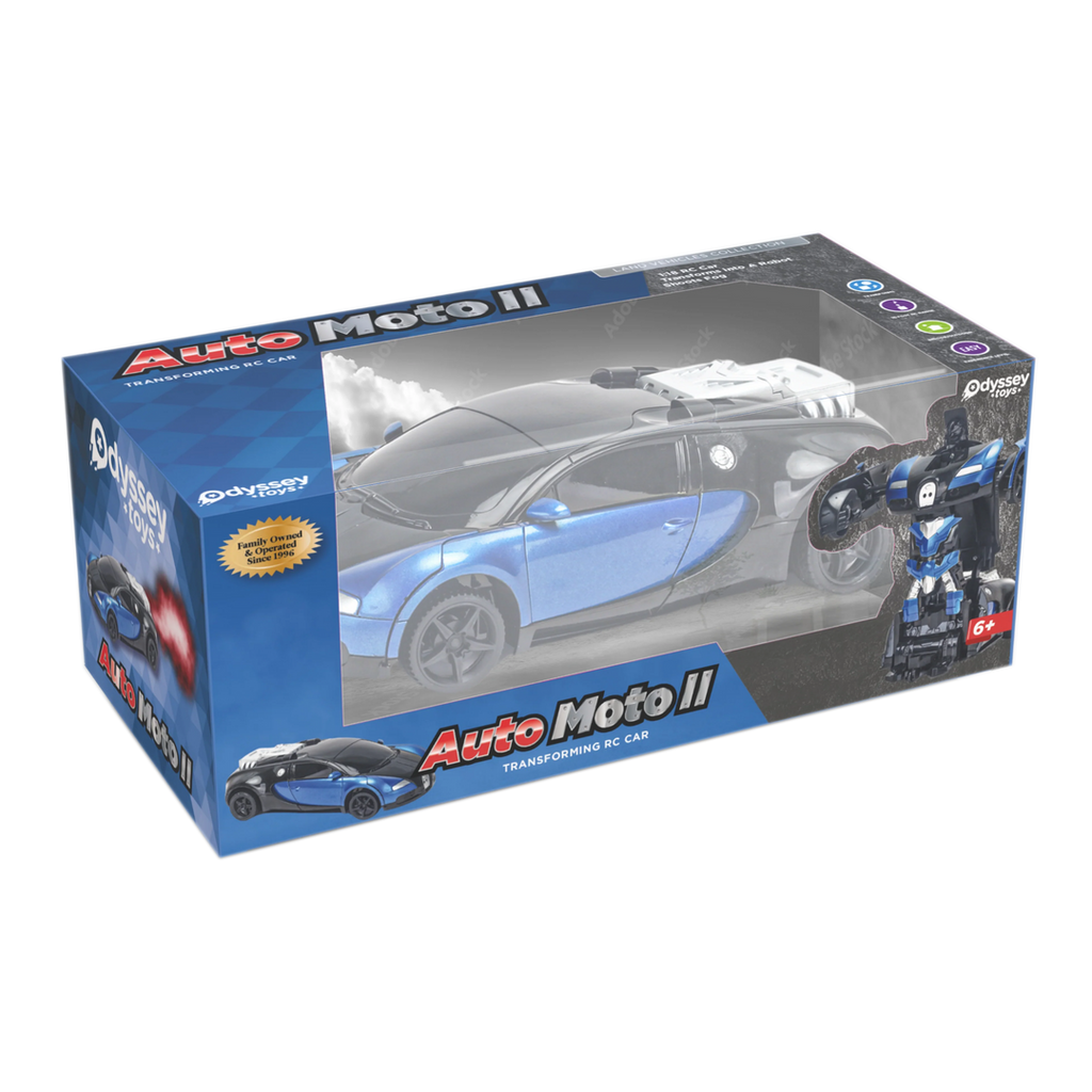 Auto Moto II transforming RC car and robot with fog blaster in blue packaging box