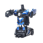 Blue and black transforming RC car toy converted into robot mode with outstretched arms