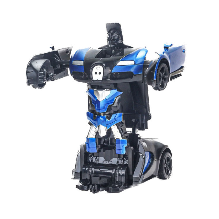 Blue and black transforming RC car toy converted into robot mode with outstretched arms