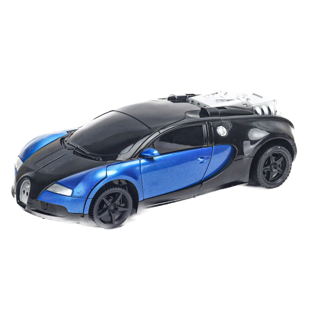 Blue and black transforming RC car toy resembling a Bugatti supercar with robot components visible on roof