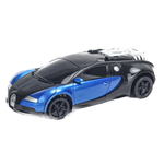 Blue and black transforming RC car toy resembling a Bugatti supercar with robot components visible on roof
