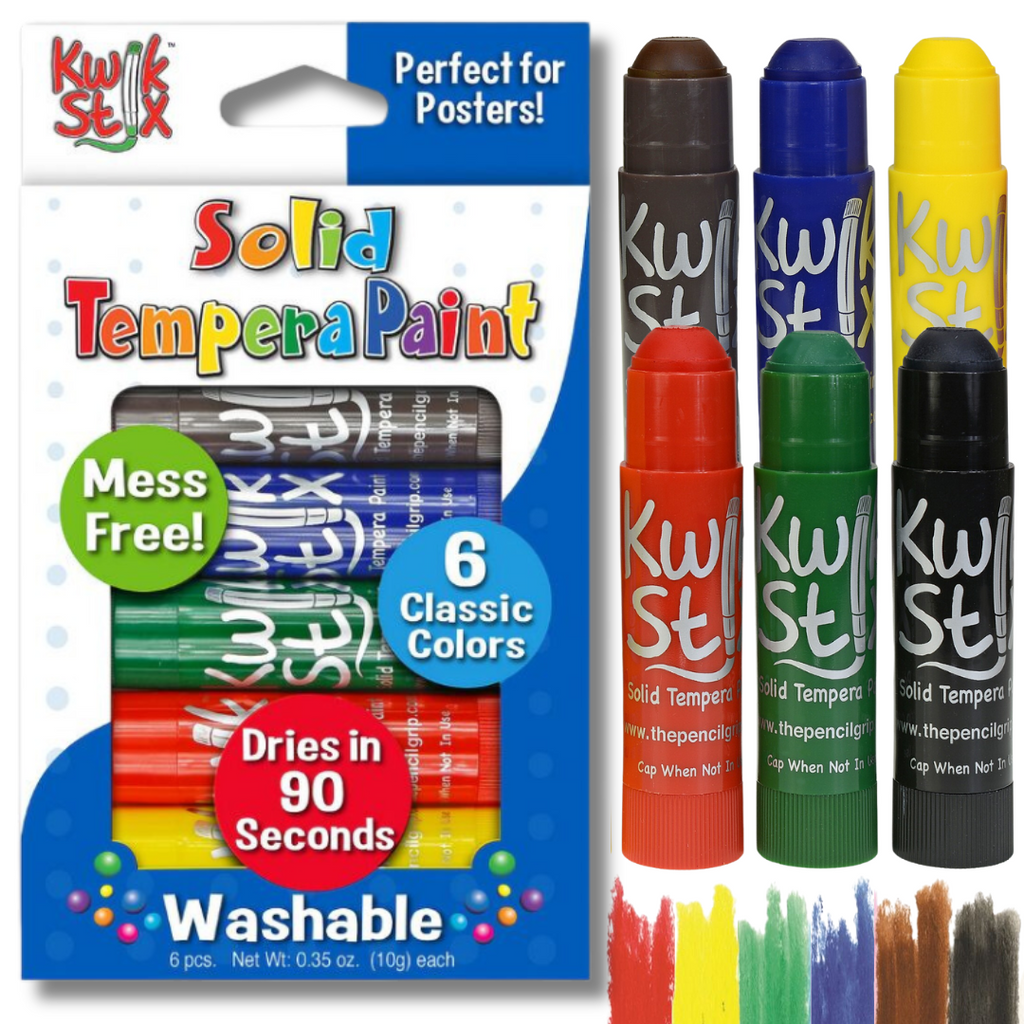 Kwik Stix Solid Tempera Paint sticks set of 6 classic colors, mess-free and washable.