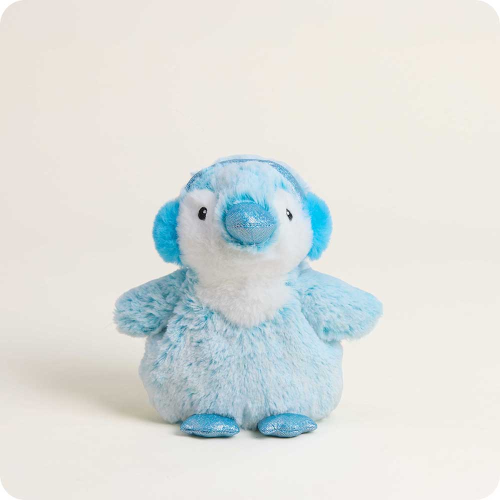 Blue plush penguin stuffed animal with earmuffs, shimmery beak and feet, white belly