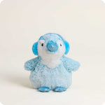 Blue plush penguin stuffed animal with earmuffs, shimmery beak and feet, white belly