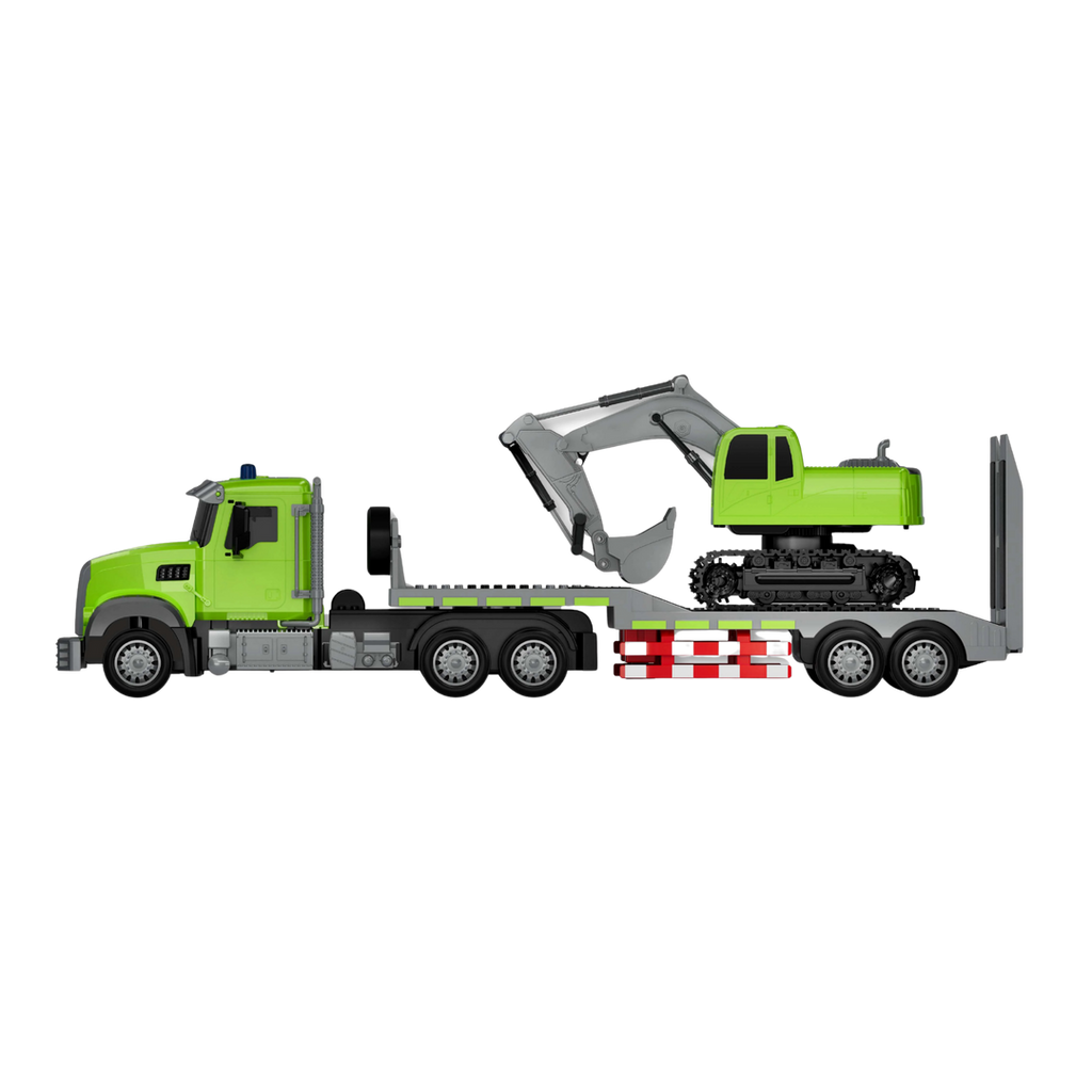 Green RC flatbed truck toy hauling a matching green excavator on transparent background