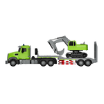 Green RC flatbed truck toy hauling a matching green excavator on transparent background