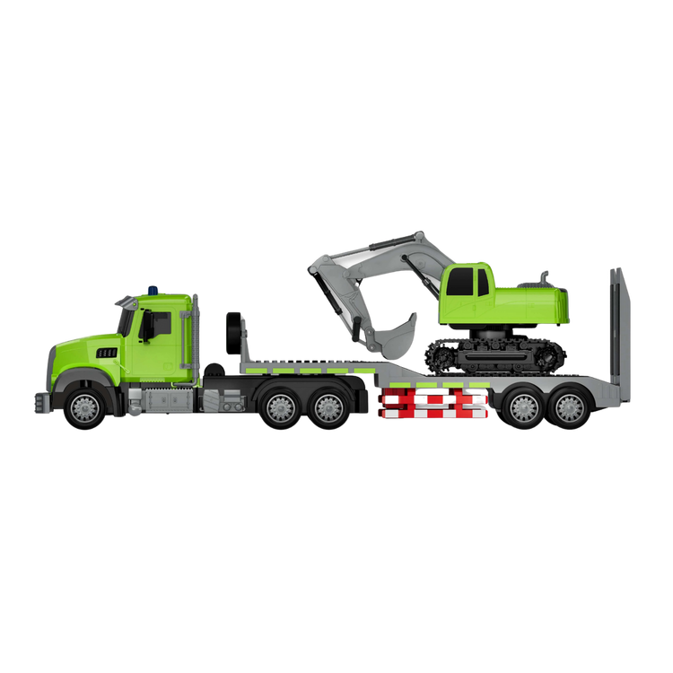 Green RC flatbed truck toy hauling a matching green excavator on transparent background
