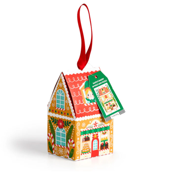 Santa's Bakery 48-piece mini puzzle in gingerbread house-shaped ornament box with red ribbon