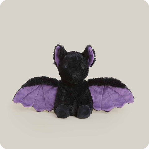Warmies black plush bat stuffed animal with spread purple wings and ear lining