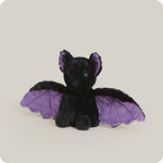 Black plush bat stuffed animal with spread purple wings and matching ear lining