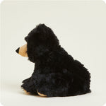 Black bear Warmies Junior plush stuffed animal shown from rear three-quarter view seated position