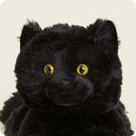 Warmies black cat stuffed animal plush with bright yellow cat eyes on neutral background