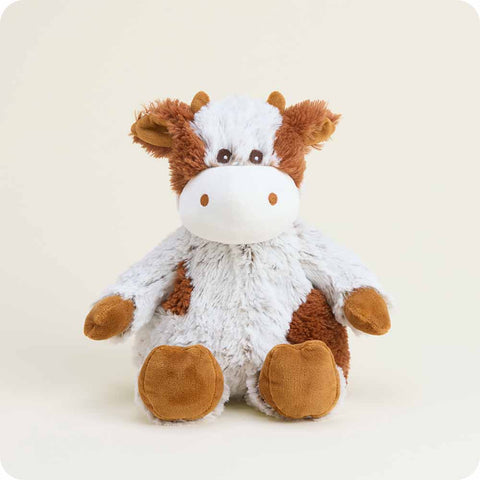 Warmies Cinnamon Latte Cow plush stuffed animal with brown and white fluffy fur